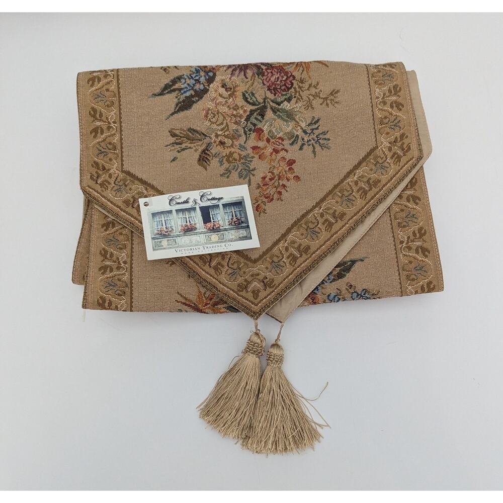 European Jacquard Fabric Multi-Tassels Table Runner (12.5 X 69 inch Khaki) NWT